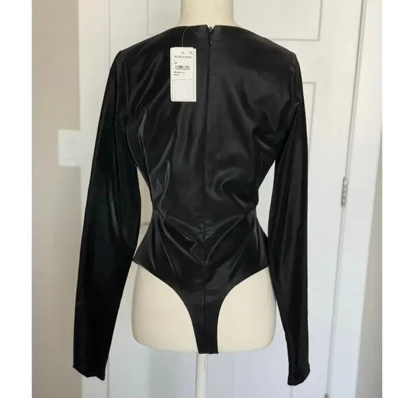 NWT Naked Wardrobe Liquid Faux Suede Square Neck Bodysuit Black Large - Picture 3 of 11